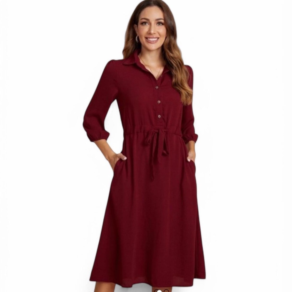 Roolee Maroon 3/4 Sleeve Midi Length Shirt Dress
